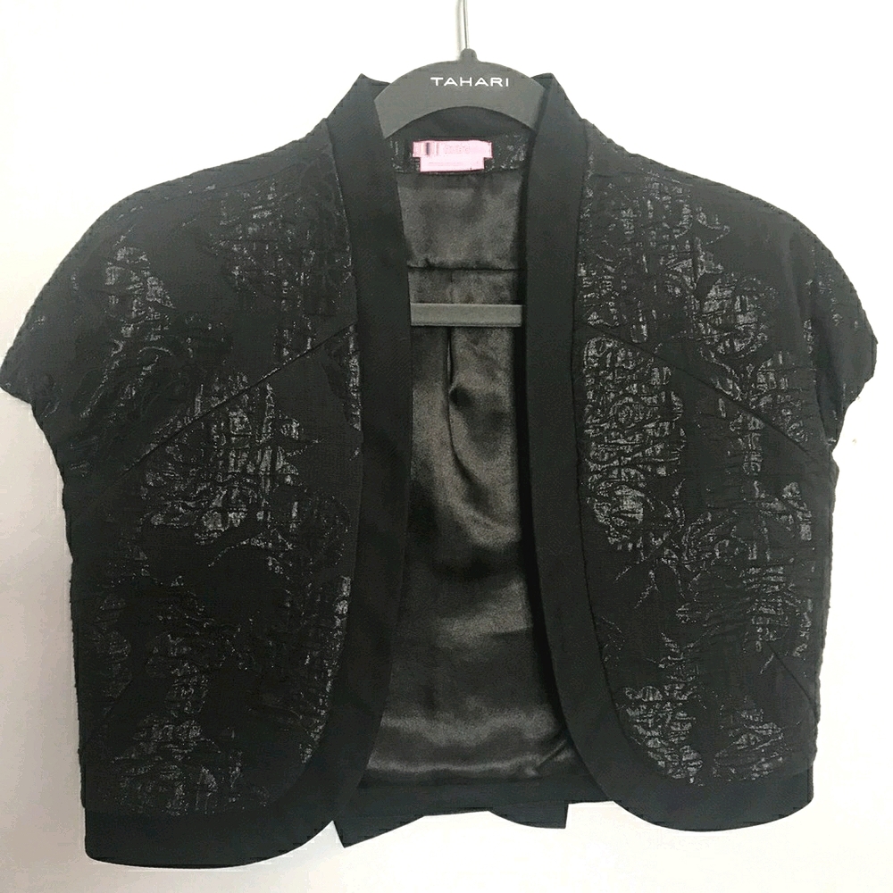 BCBGirls Open-Front Cropped Cover-Up Black Jacquard Bolero Jacket Vintage Size M